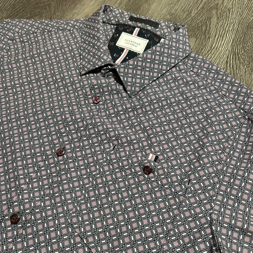 7 Diamonds Button Up Shirt‎ Large Gray Emerald Isle 4-Way Stretch Short Sleeve